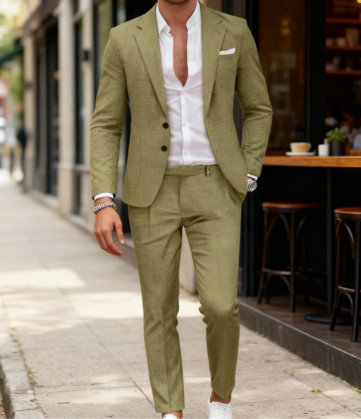 Men's Tailored Two-Piece Suit Set – Textured Single-Breasted Blazer with Notch Lapels and Slim-Fit Trousers for Smart Casual Events