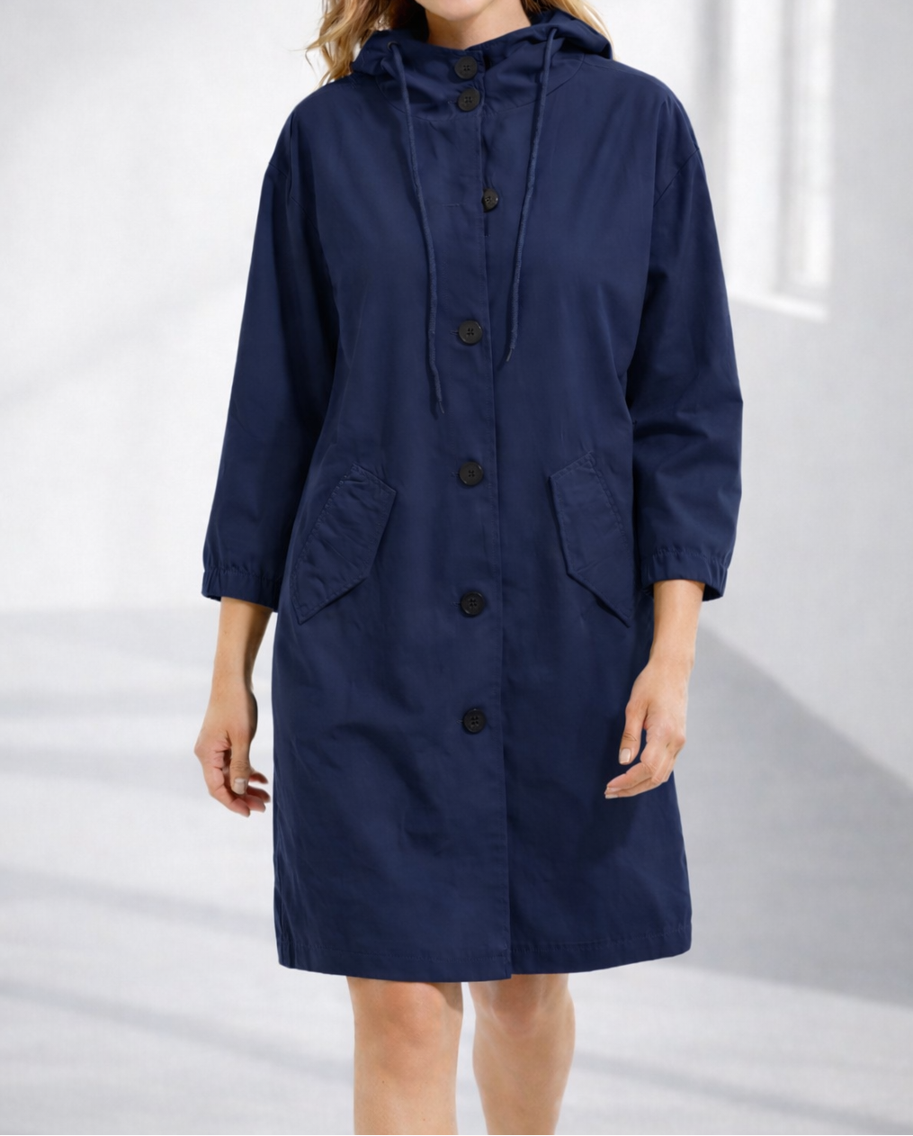 Women's Casual Longline Hooded Jacket – Lightweight Button-Front Coat with Drawstring Hood and Pockets for Daily Comfort