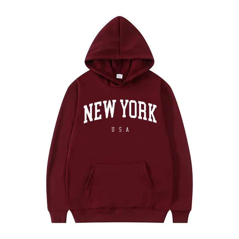 Women's New York Graphic Pullover Hoodie – Comfortable Relaxed Fit Sweatshirt with Kangaroo Pocket and Ribbed Cuffs for Everyday Style