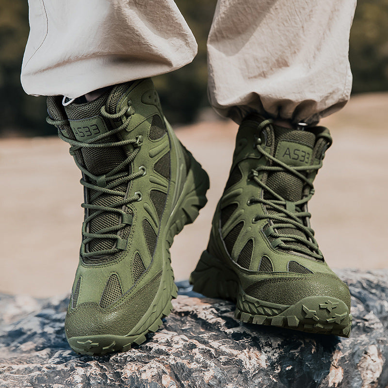 Men's High-Top Tactical Hiking Boots – Durable Lace-Up Trekking Footwear with Breathable Mesh and Deep Lug Soles for Outdoor Exploration