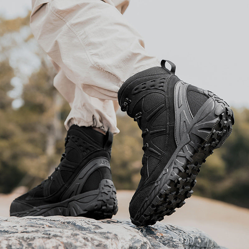 Men's High-Top Tactical Hiking Boots – Durable Lace-Up Trekking Footwear with Breathable Mesh and Deep Lug Soles for Outdoor Exploration