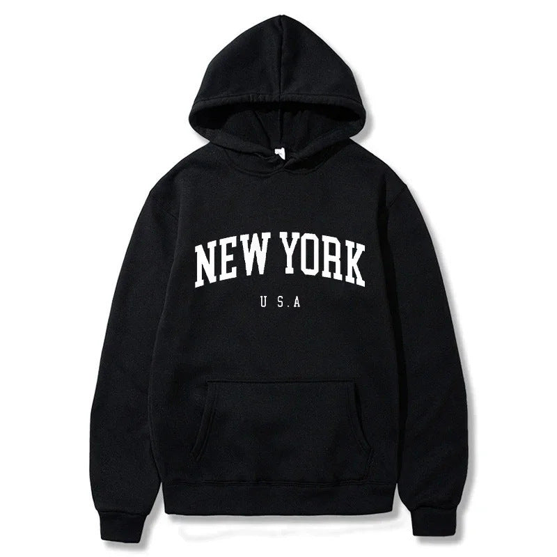 Women's New York Graphic Pullover Hoodie – Comfortable Relaxed Fit Sweatshirt with Kangaroo Pocket and Ribbed Cuffs for Everyday Style