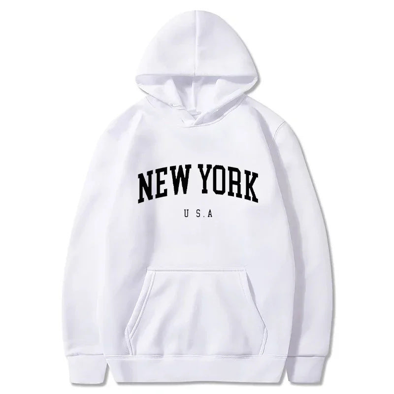 Women's New York Graphic Pullover Hoodie – Comfortable Relaxed Fit Sweatshirt with Kangaroo Pocket and Ribbed Cuffs for Everyday Style