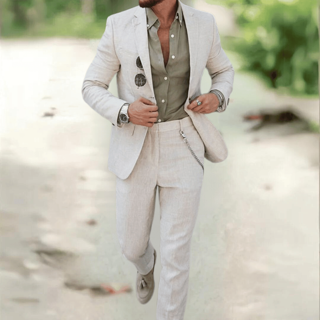 Men's Lightweight Linen Summer Suit Set – Tailored Blazer with Slim Fit Trousers for Smart Casual Events