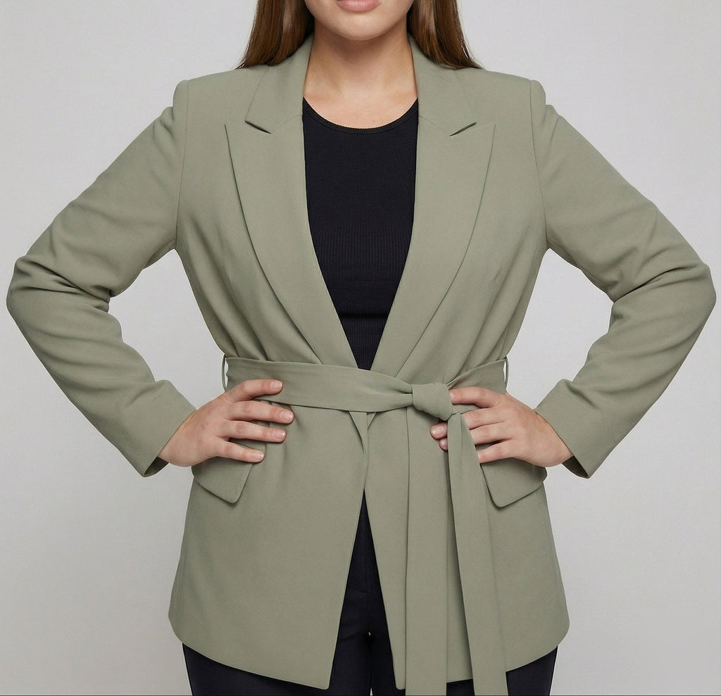 Women's Longline Blazer with Notched Lapels and Belted Waist – Perfect for Office and Smart Casual Looks