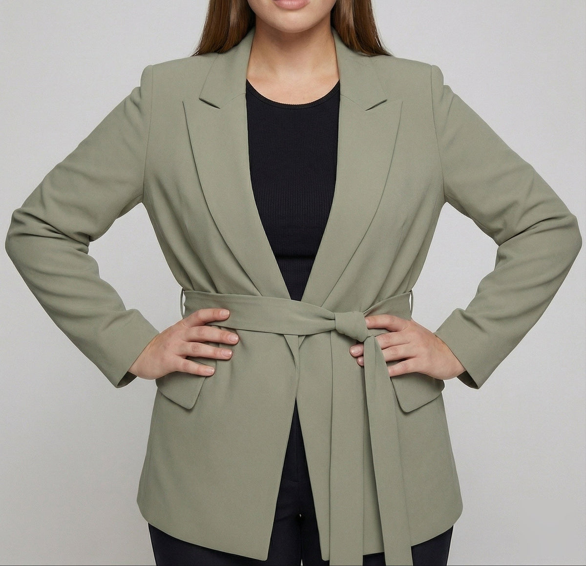 Women's Longline Blazer with Notched Lapels and Belted Waist – Perfect for Office and Smart Casual Looks