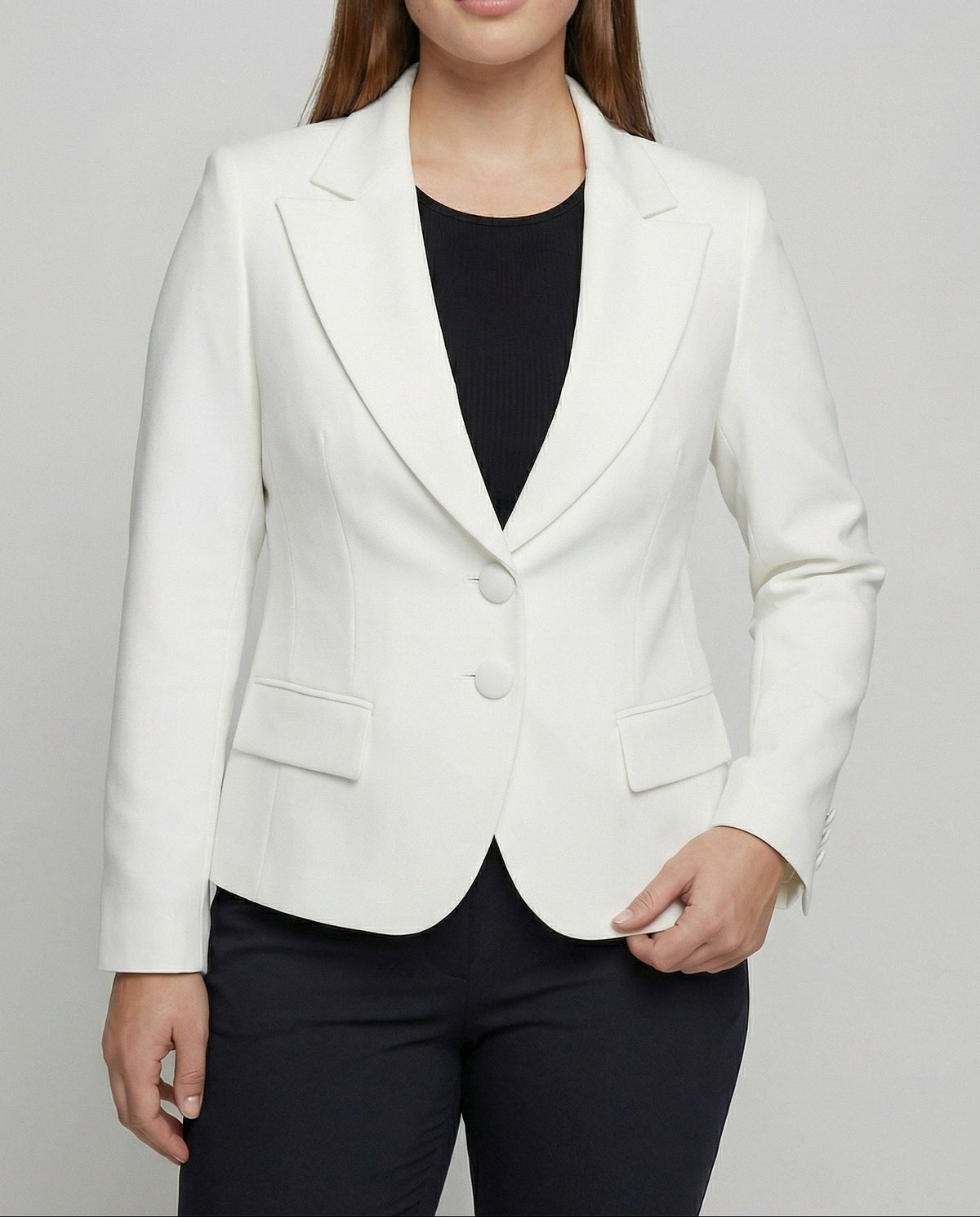 Women's Tailored Two-Button Blazer with Curved Hem – Notched Lapel Jacket for Professional and Formal Events