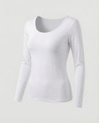 Women's Slim Fit Scoop-Neck Long Sleeve Top – Versatile Hip-Length Layer for Everyday and Smart Casual Looks