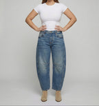 Women’s Loose-Fit Barrel-Leg Jeans – Casual Denim Trousers with Curved Legs and Knee Seam Accents
