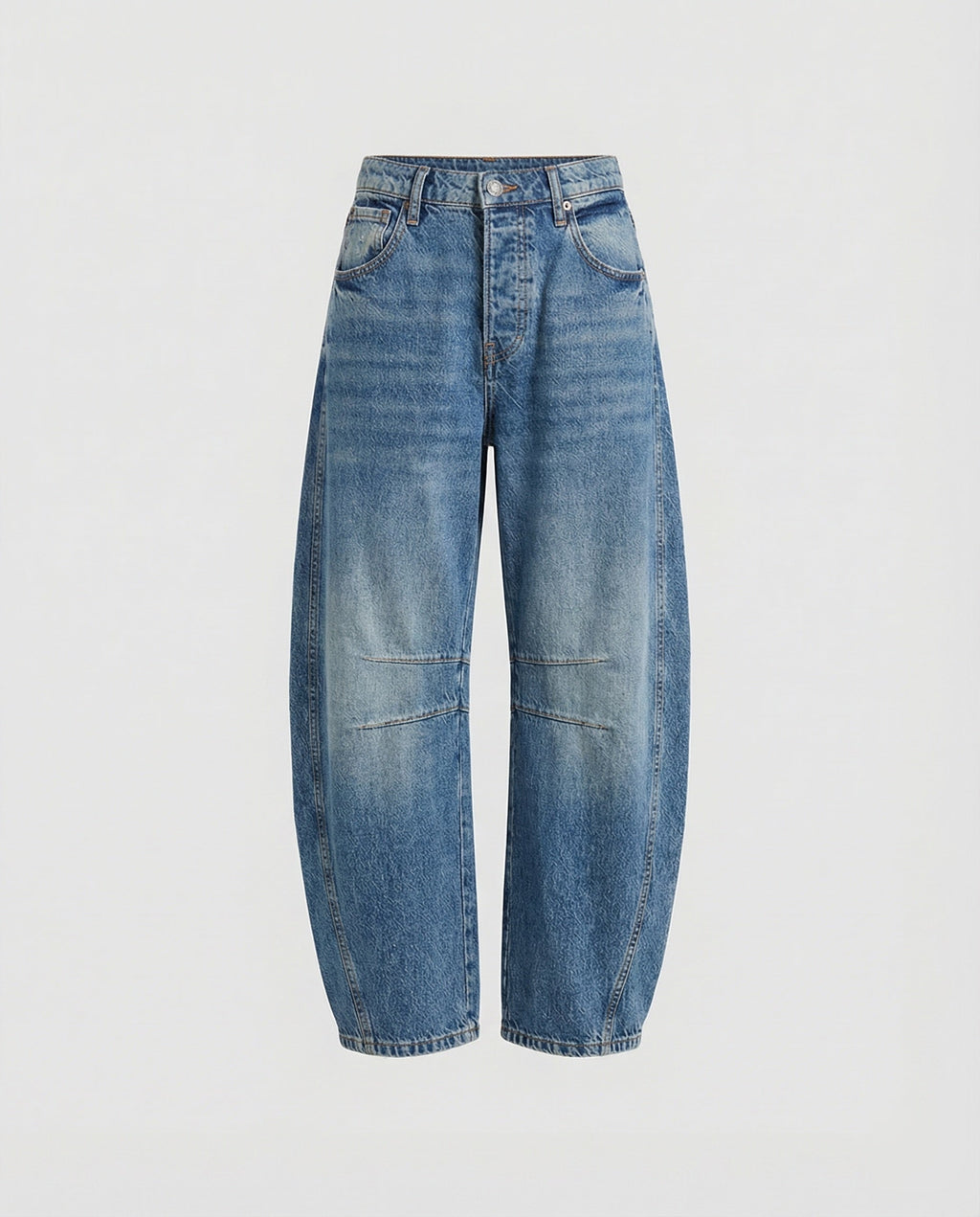 Women’s Loose-Fit Barrel-Leg Jeans – Casual Denim Trousers with Curved Legs and Knee Seam Accents