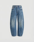 Women’s Loose-Fit Barrel-Leg Jeans – Casual Denim Trousers with Curved Legs and Knee Seam Accents
