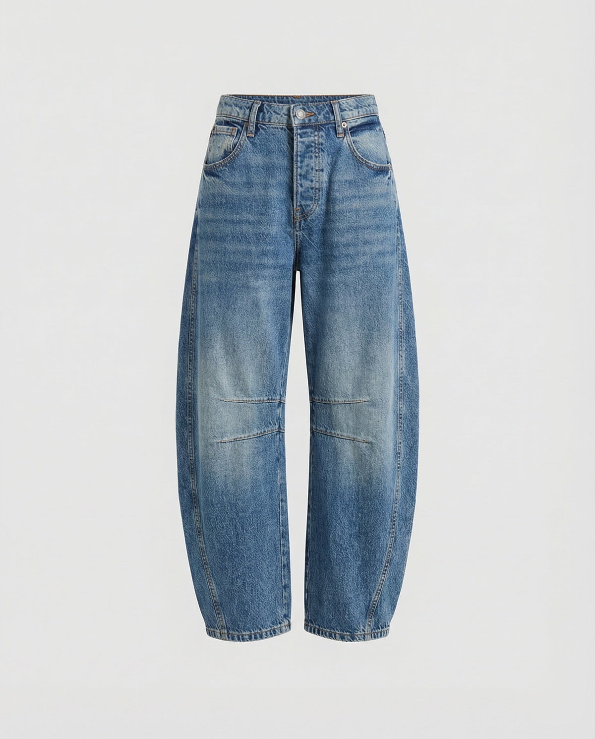 Women’s Loose-Fit Barrel-Leg Jeans – Casual Denim Trousers with Curved Legs and Knee Seam Accents