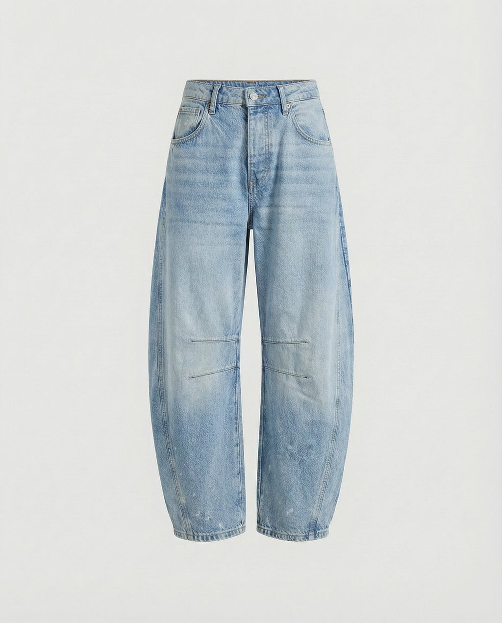 Women’s Loose-Fit Barrel-Leg Jeans – Casual Denim Trousers with Curved Legs and Knee Seam Accents