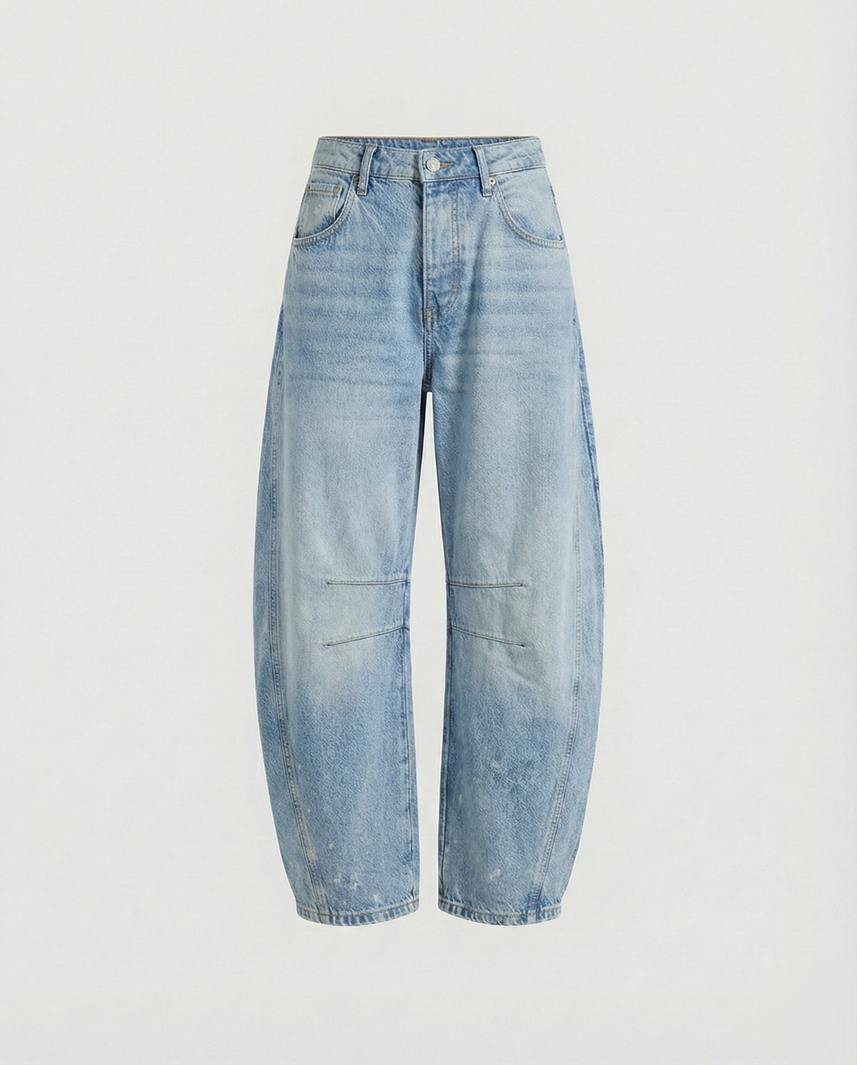 Women’s Loose-Fit Barrel-Leg Jeans – Casual Denim Trousers with Curved Legs and Knee Seam Accents