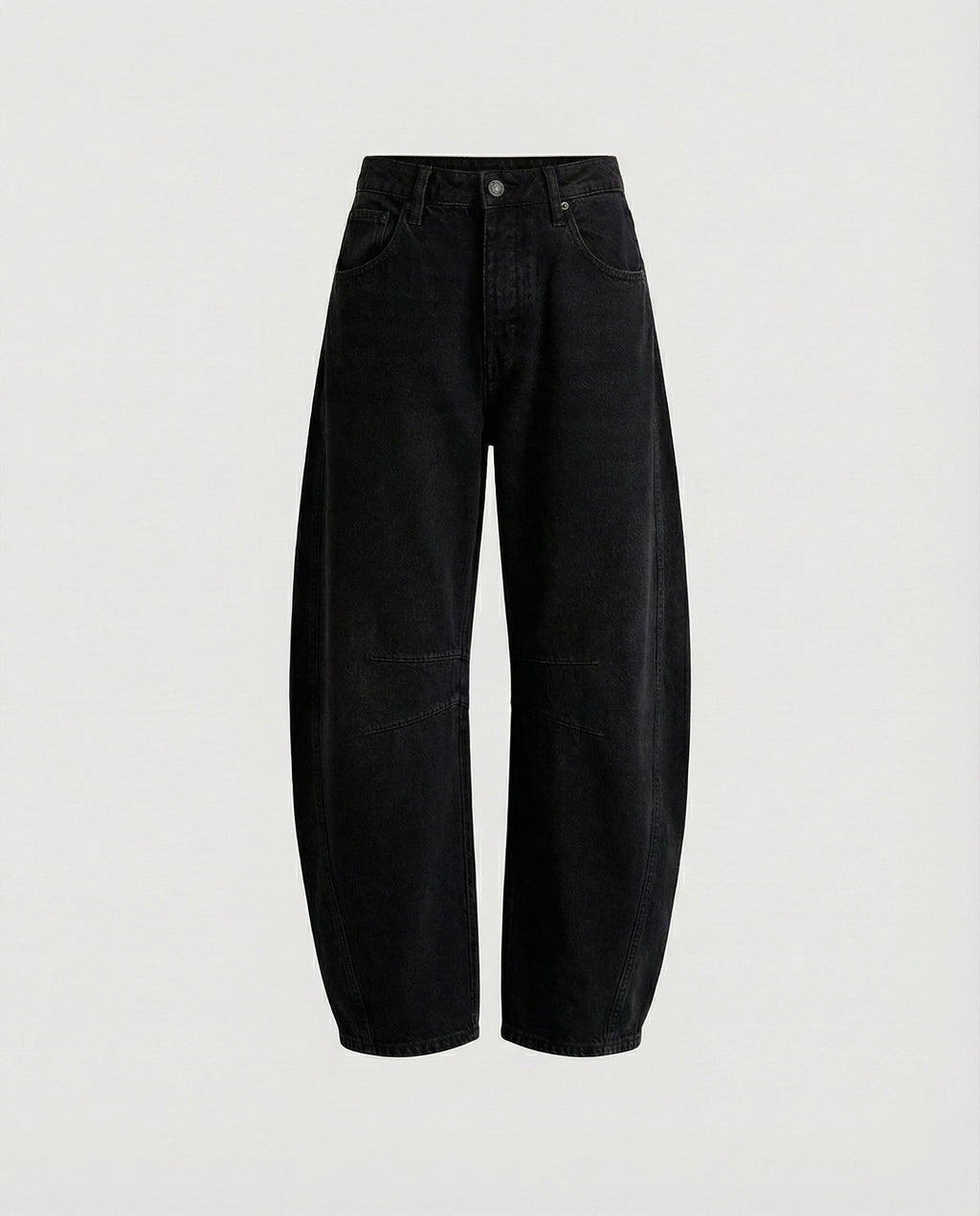 Women’s Loose-Fit Barrel-Leg Jeans – Casual Denim Trousers with Curved Legs and Knee Seam Accents