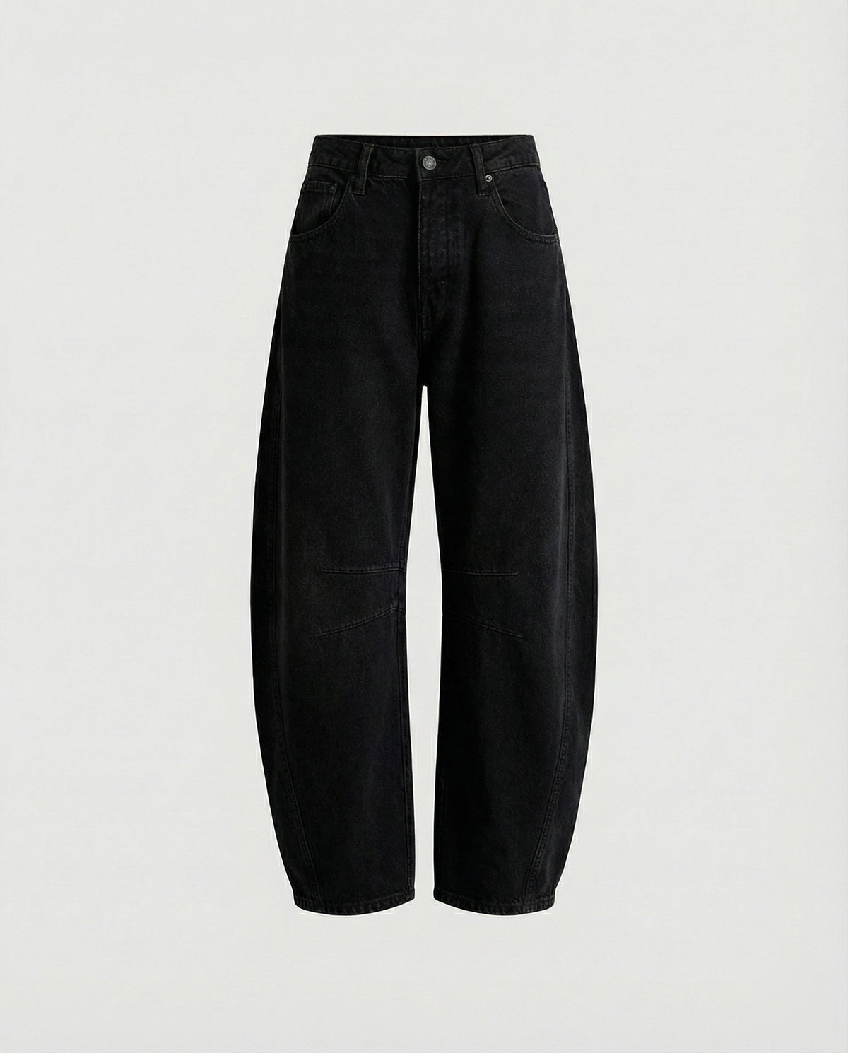 Women’s Loose-Fit Barrel-Leg Jeans – Casual Denim Trousers with Curved Legs and Knee Seam Accents