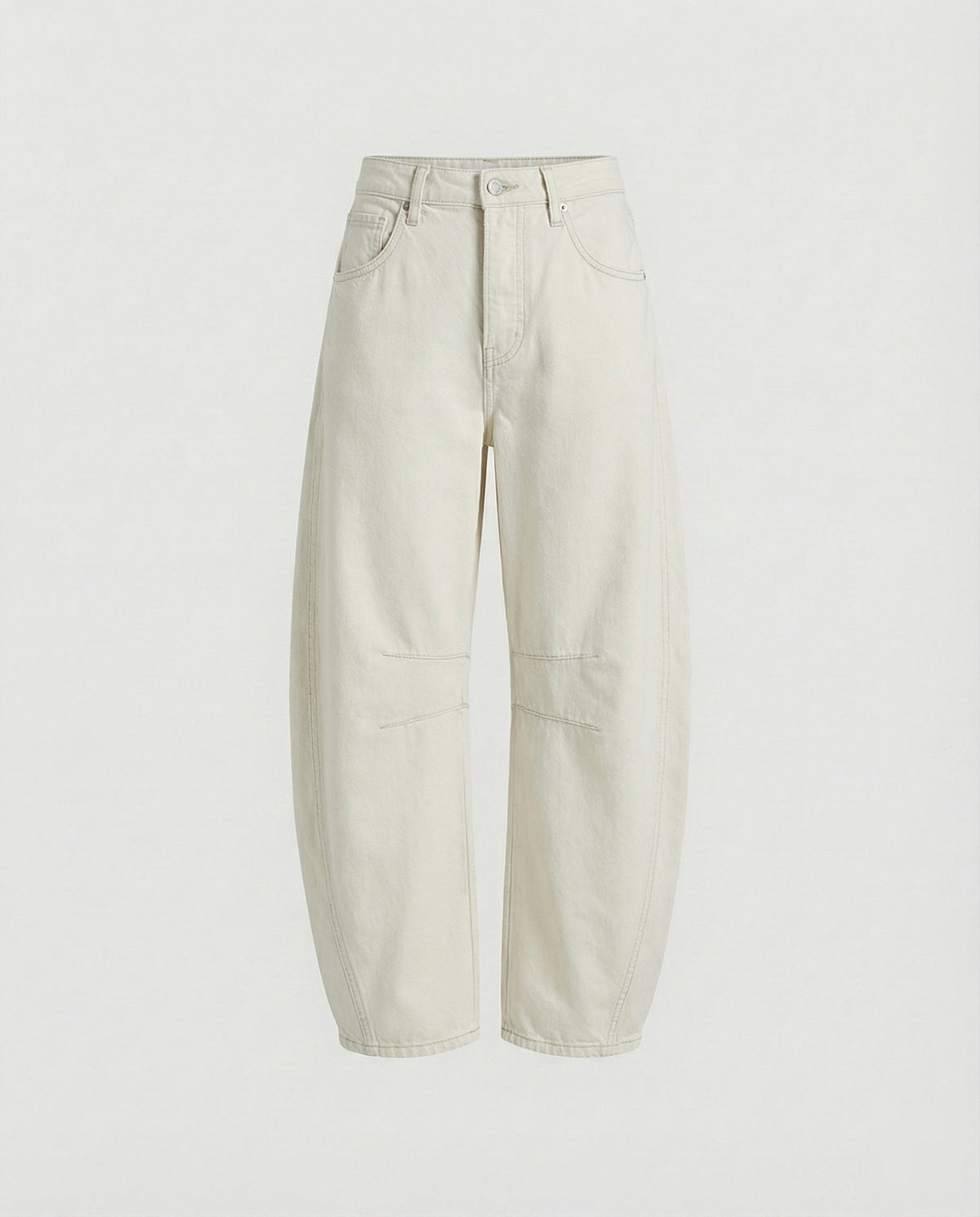 Women’s Loose-Fit Barrel-Leg Jeans – Casual Denim Trousers with Curved Legs and Knee Seam Accents