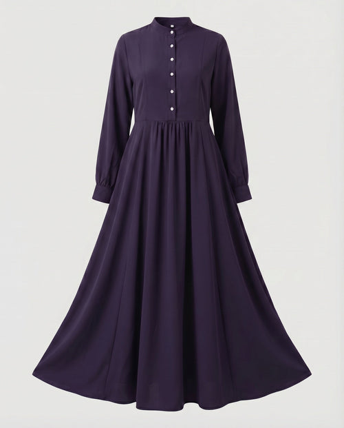 Elegant Long Sleeve Maxi Shirt Dress for Women – Modest Button-Front Design with Stand Collar, Defined Waist, and Flowing A-Line Skirt for Smart Casual Style