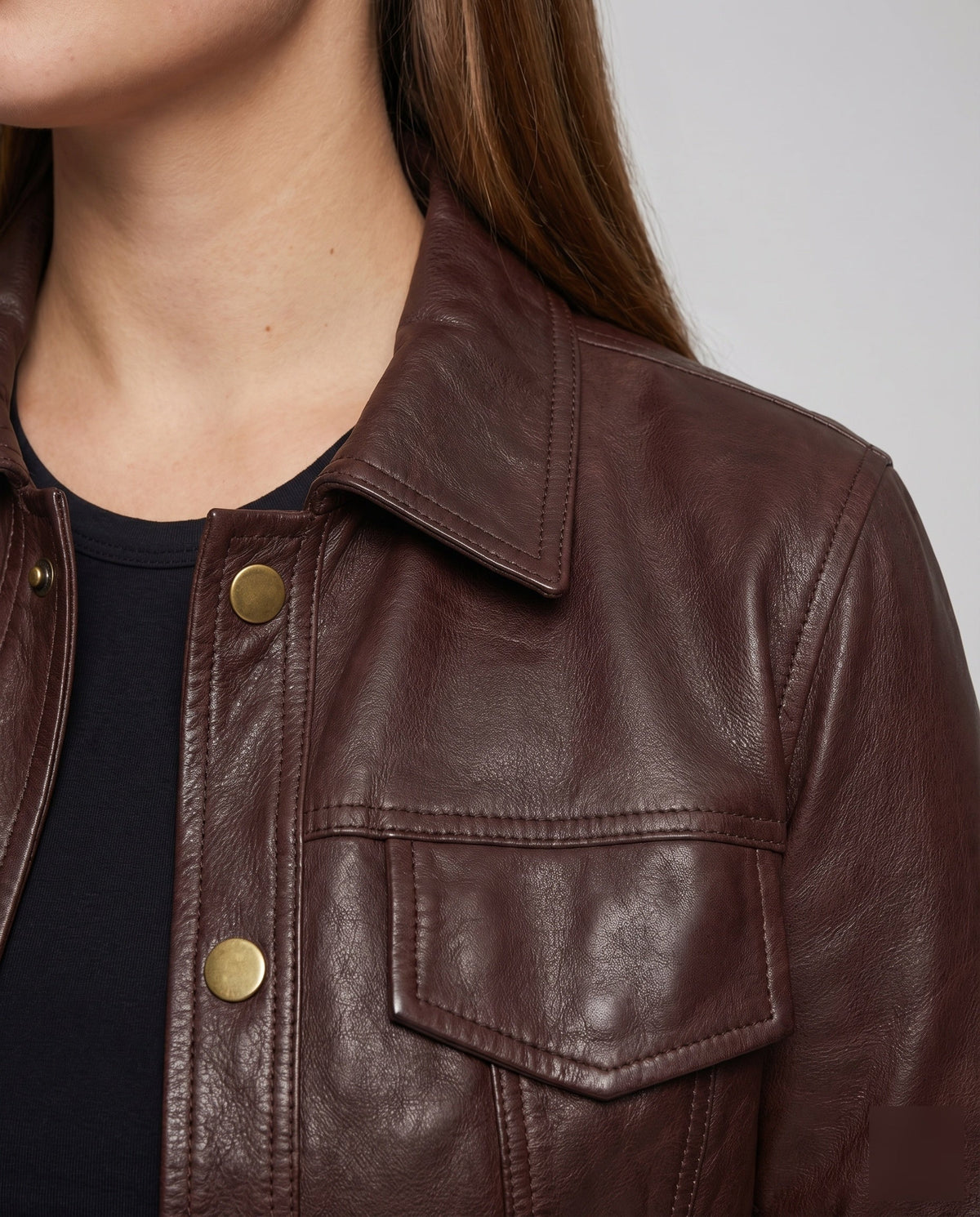 Women's Cropped Faux Leather Jacket – Classic Collared Blouson with Button Front and Flap Chest Pockets for Effortless Everyday Style