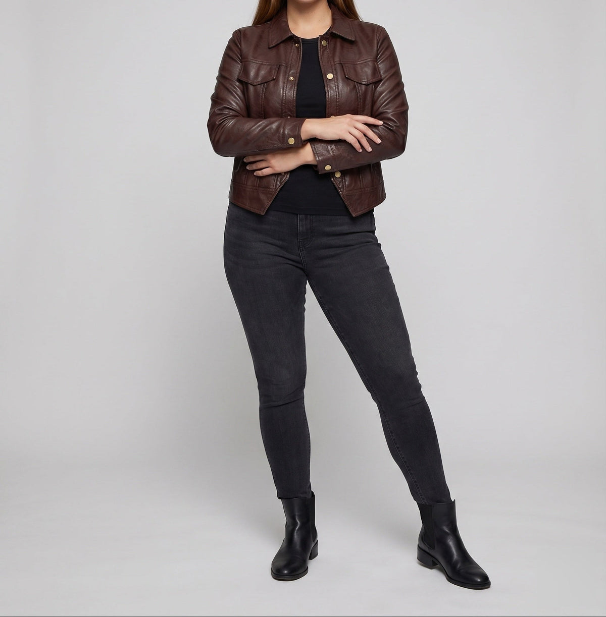 Women's Cropped Faux Leather Jacket – Classic Collared Blouson with Button Front and Flap Chest Pockets for Effortless Everyday Style