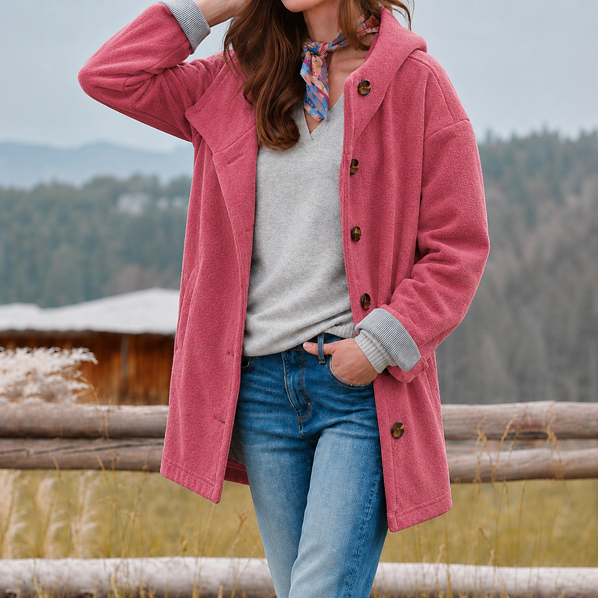Women's Relaxed Fit Long Hooded Button Coat – Stylish Winter Outerwear with Wide Lapel and Functional Pockets for Everyday Cold Weather