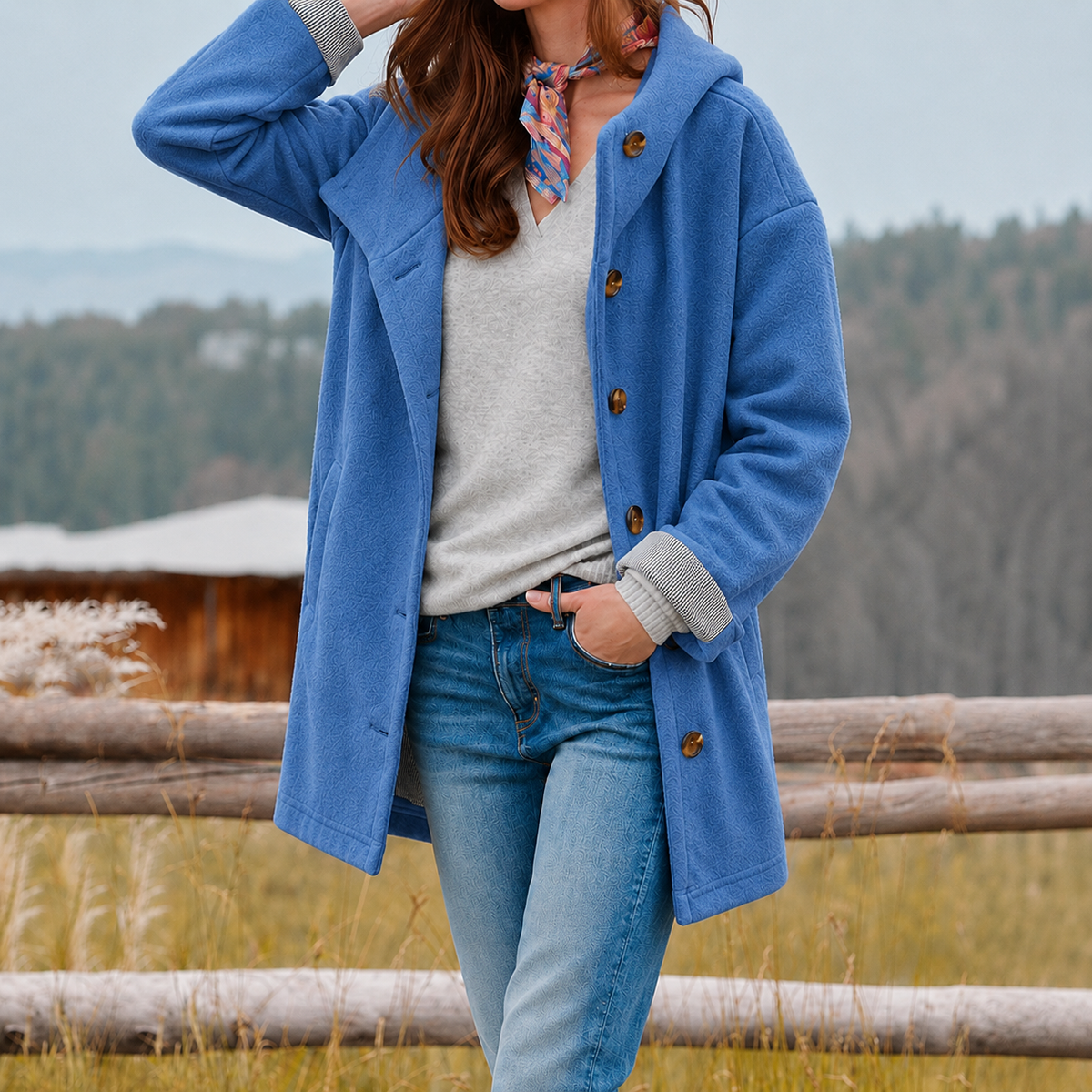 Women's Relaxed Fit Long Hooded Button Coat – Stylish Winter Outerwear with Wide Lapel and Functional Pockets for Everyday Cold Weather