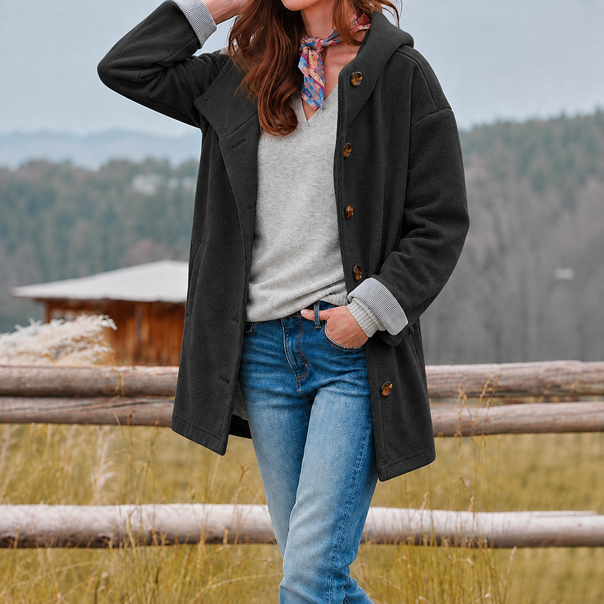 Women's Relaxed Fit Long Hooded Button Coat – Stylish Winter Outerwear with Wide Lapel and Functional Pockets for Everyday Cold Weather