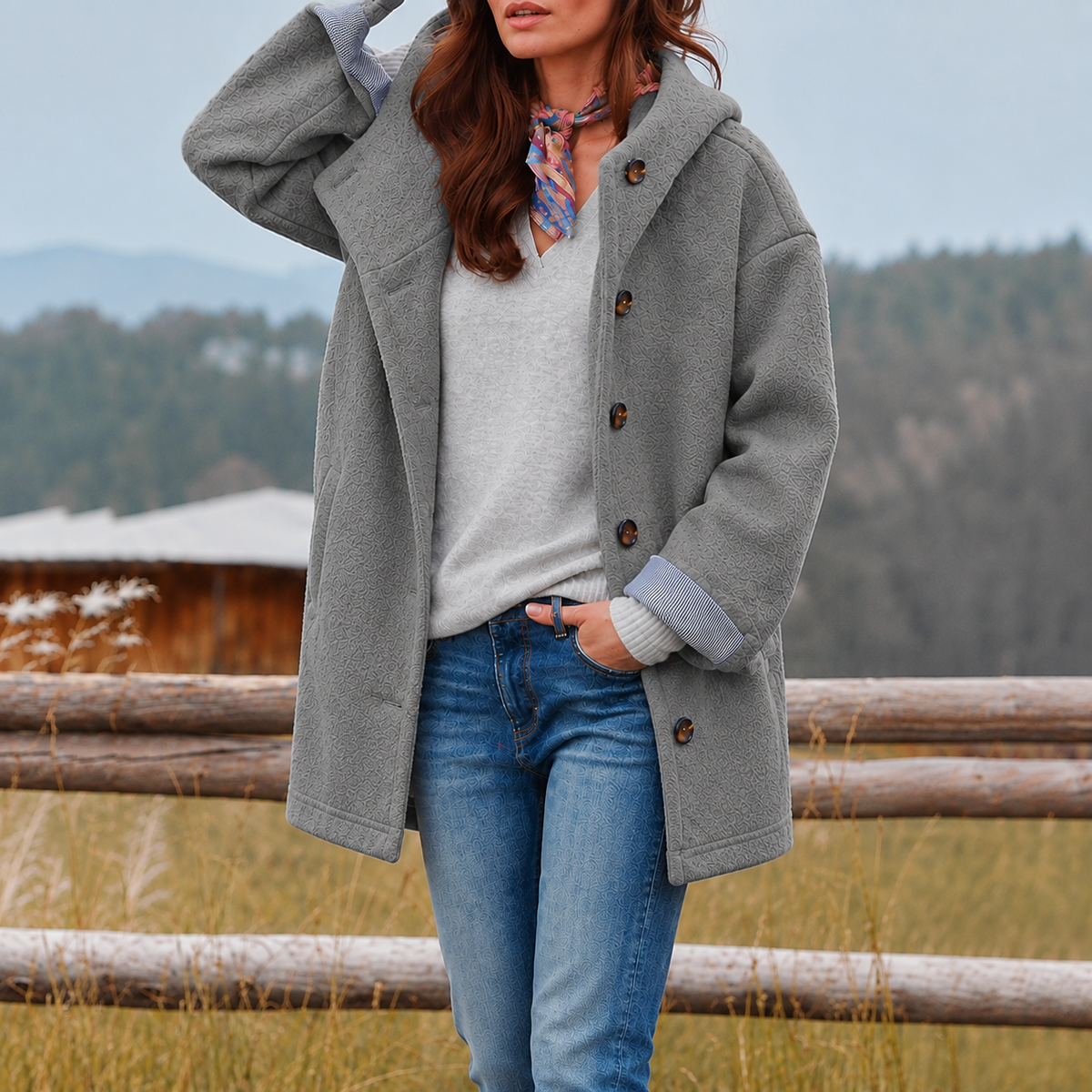 Women's Relaxed Fit Long Hooded Button Coat – Stylish Winter Outerwear with Wide Lapel and Functional Pockets for Everyday Cold Weather