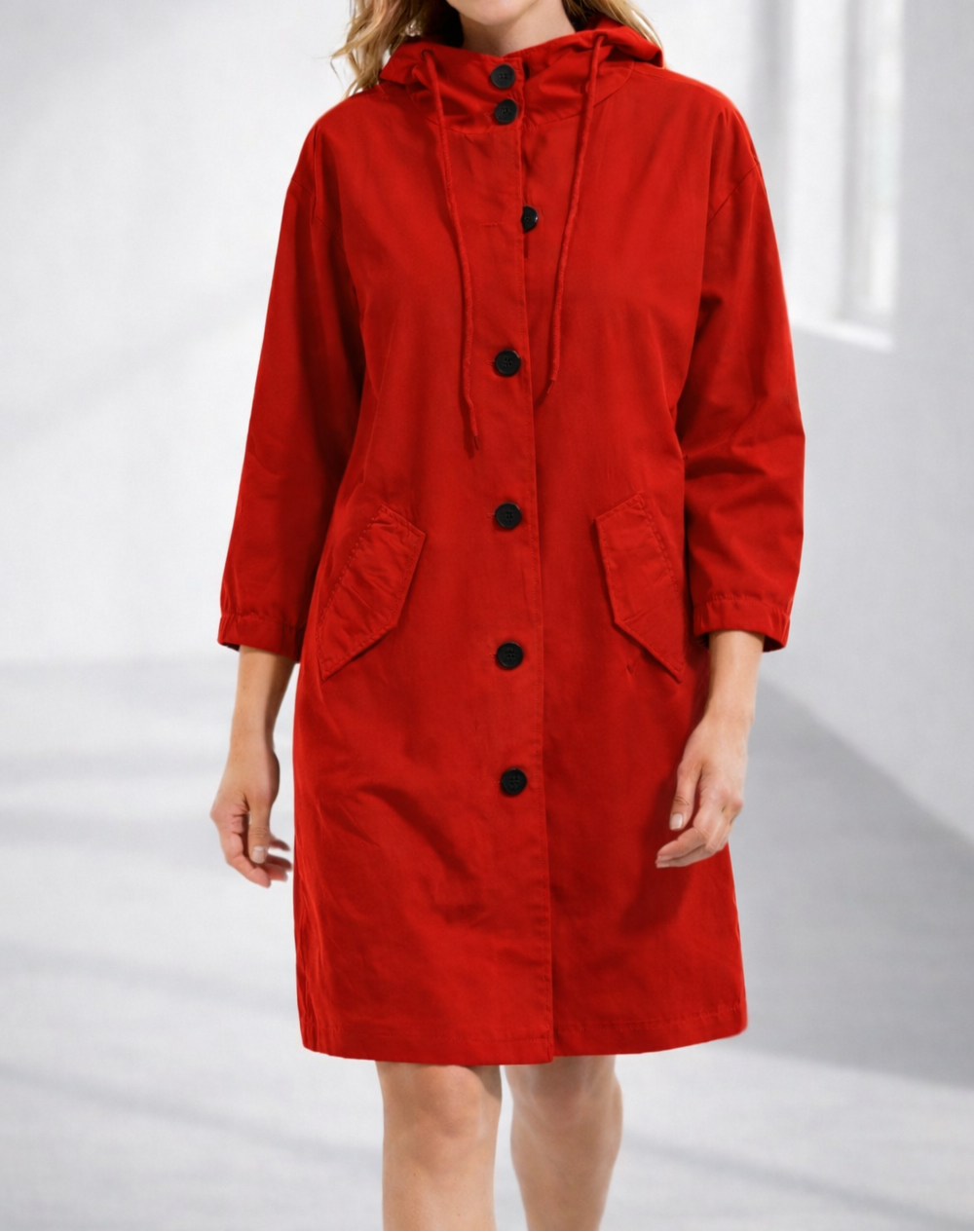 Women's Casual Longline Hooded Jacket – Lightweight Button-Front Coat with Drawstring Hood and Pockets for Daily Comfort