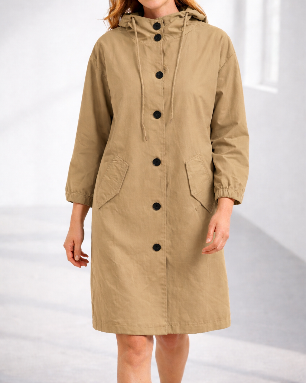 Women's Casual Longline Hooded Jacket – Lightweight Button-Front Coat with Drawstring Hood and Pockets for Daily Comfort