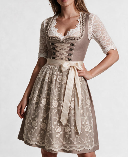 A-Line Dirndl Dress with Lace Blouse and Apron for Women