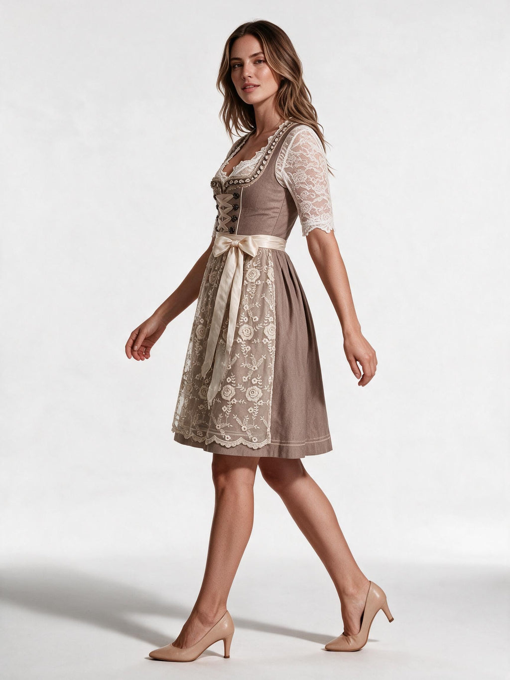 A-Line Dirndl Dress with Lace Blouse and Apron for Women